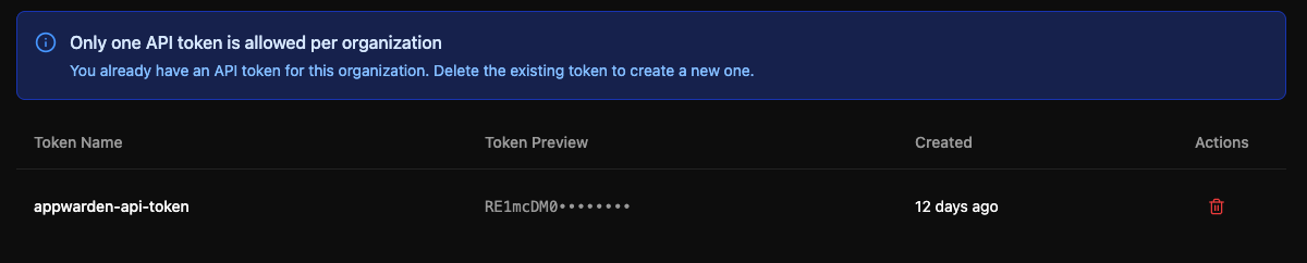API token settings in the Appwarden dashboard