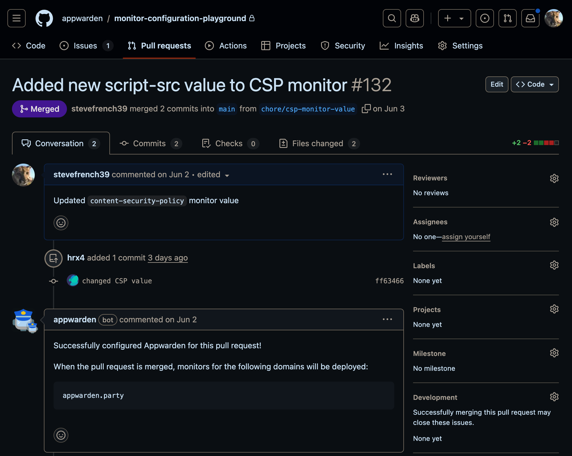 Appwarden signals any domain configuration validation issues and deployment status changes in pull requests