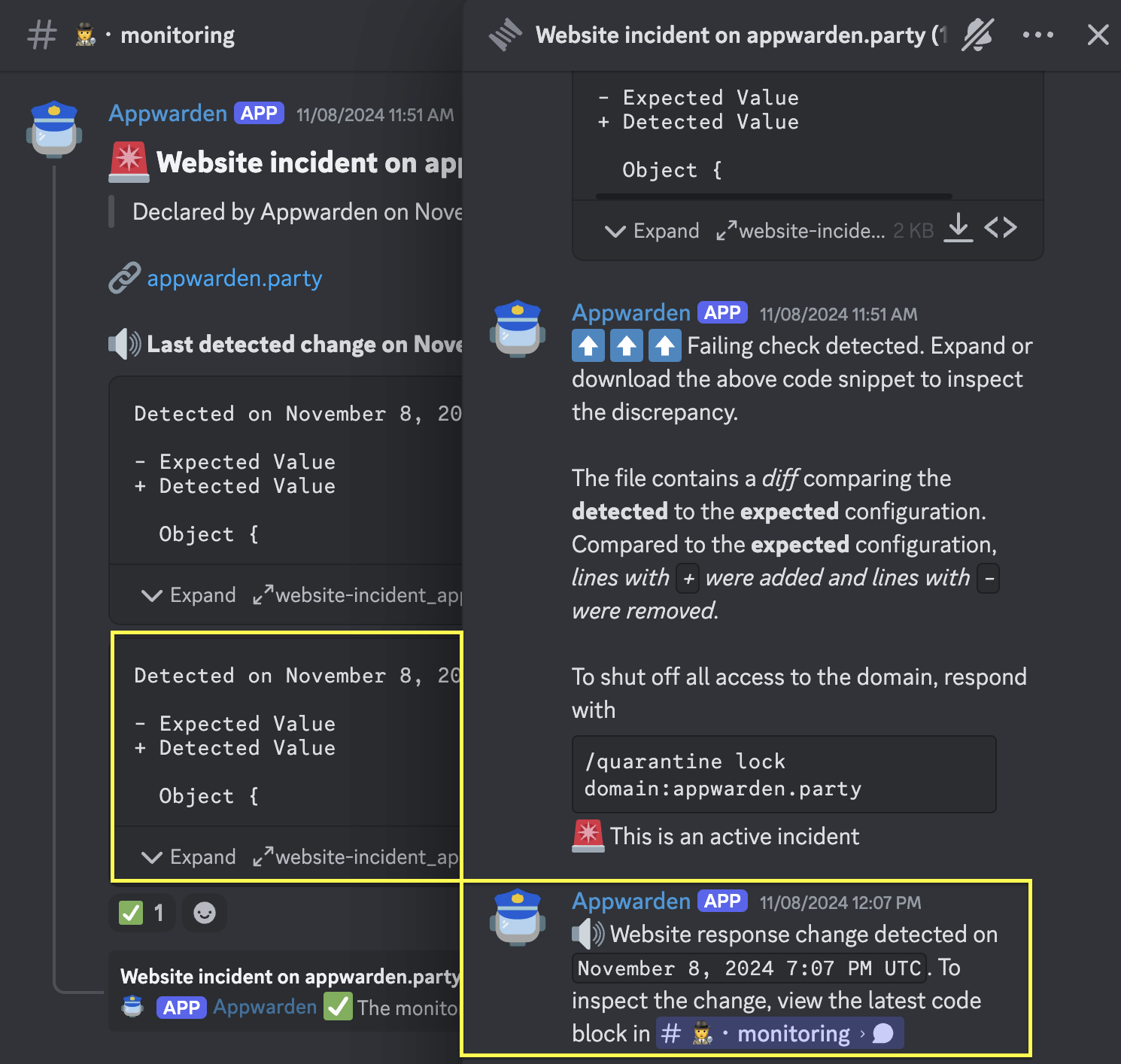 Appwarden will update the incident message and thread with the latest incident state