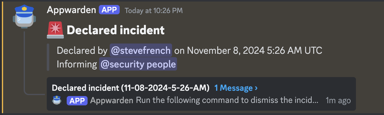 A declared incident will remain open until `/incident resolve` is issued from the incident thread