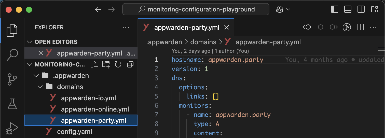 An Appwarden domain configuration repository in a code editor