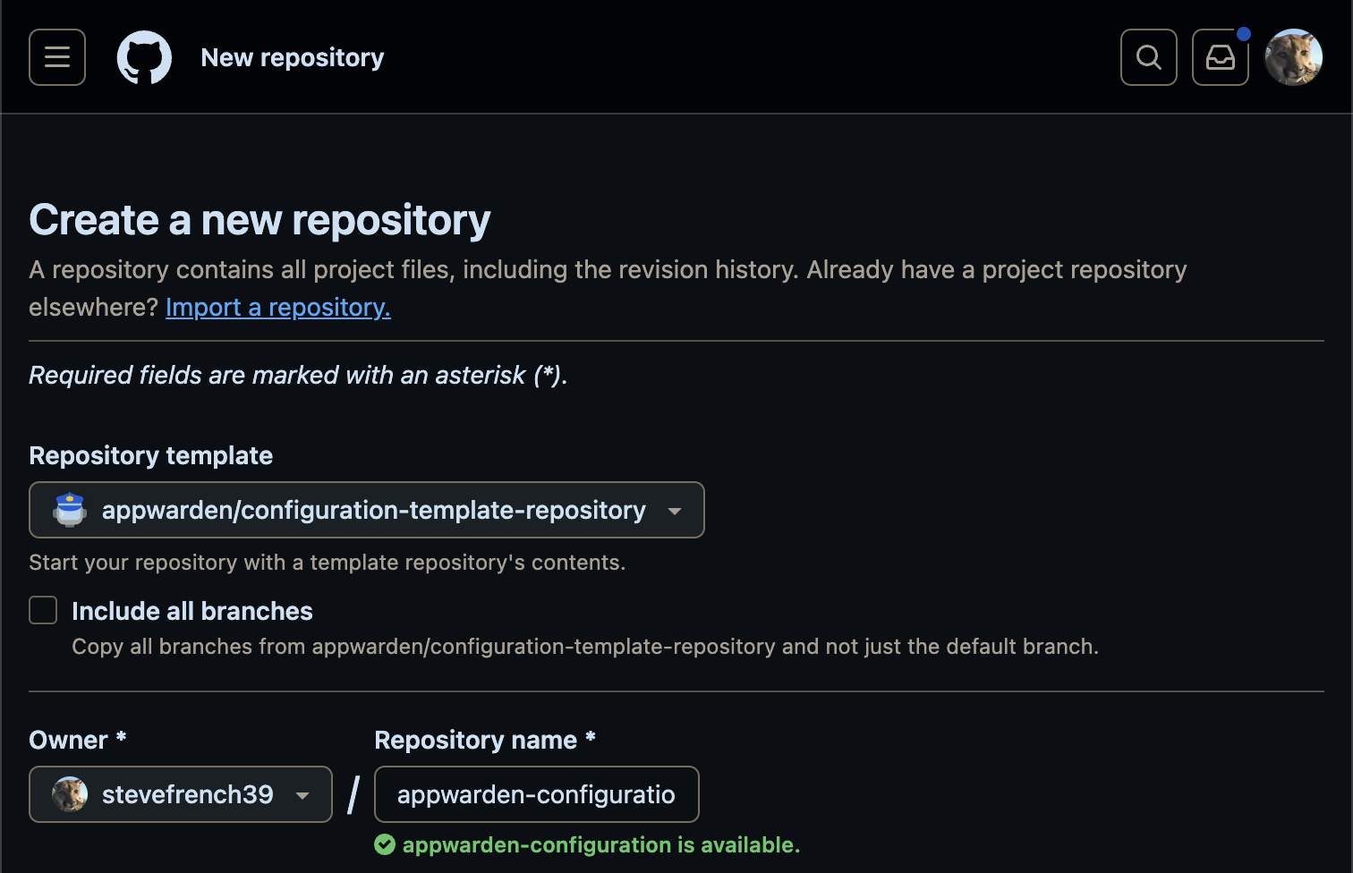 In GitHub, create your domain configuration repository from the template repository