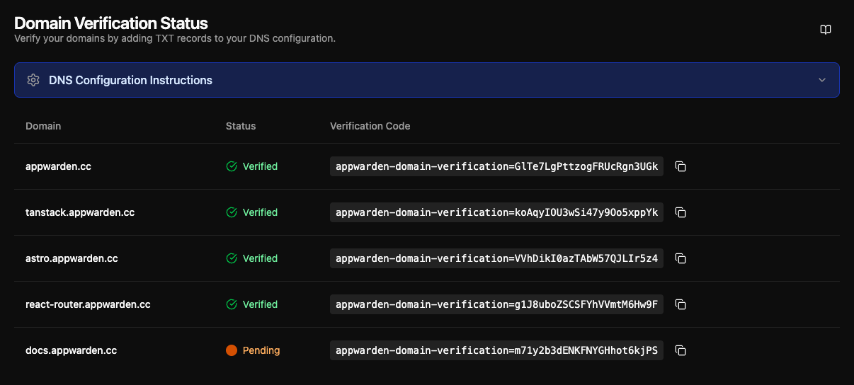 Domain verification settings in the Appwarden dashboard