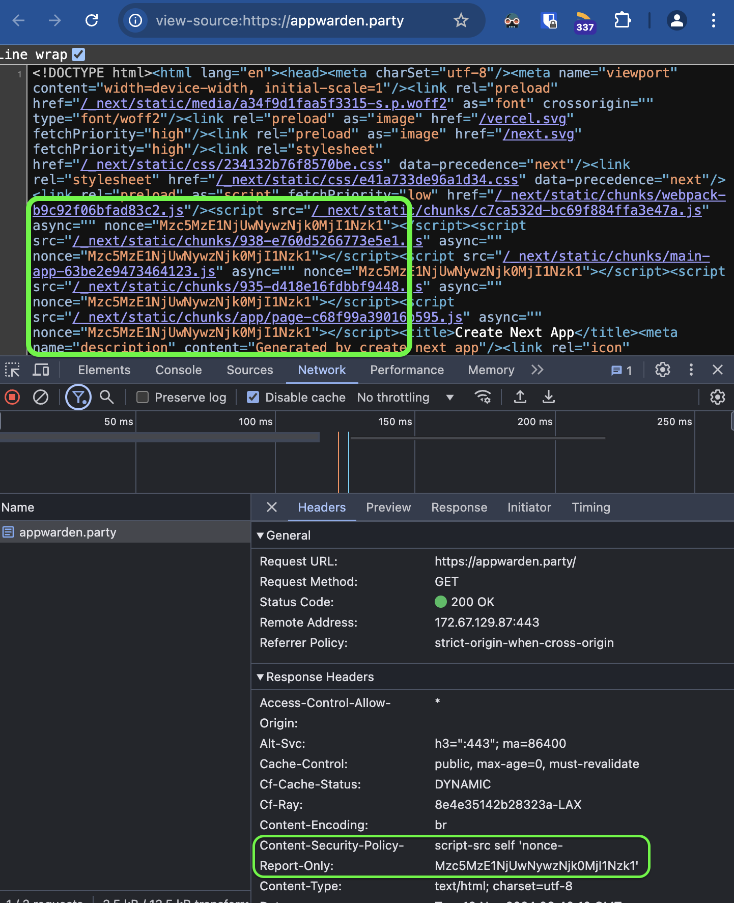 An inline `script` or `style` tag must have a nonce attribute matching the value of the nonce in the `script-src` or `style-src` directive or it will be prevented from executing