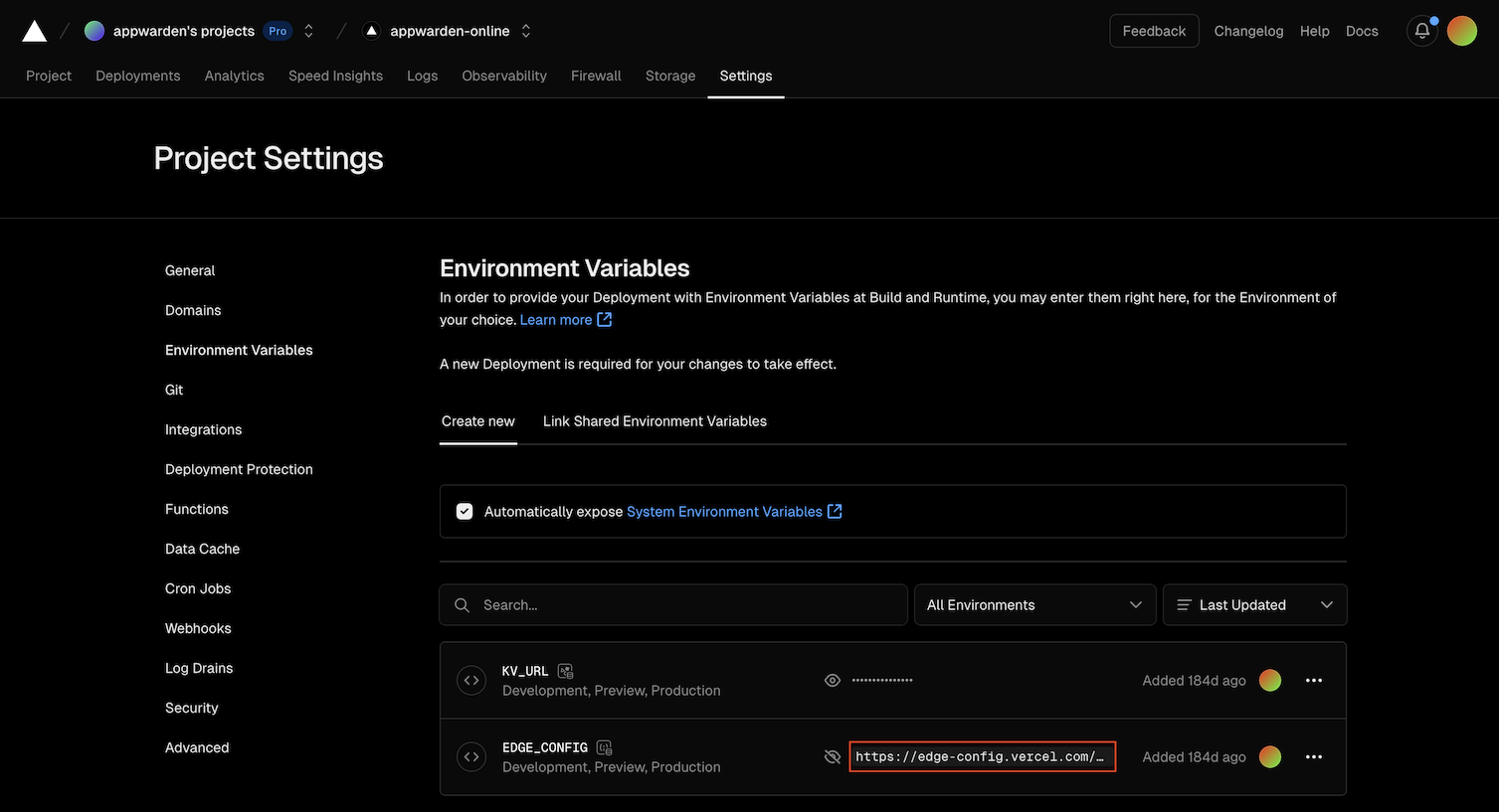 Copy the `EDGE_CONFIG` value from the Vercel Edge Config dashboard