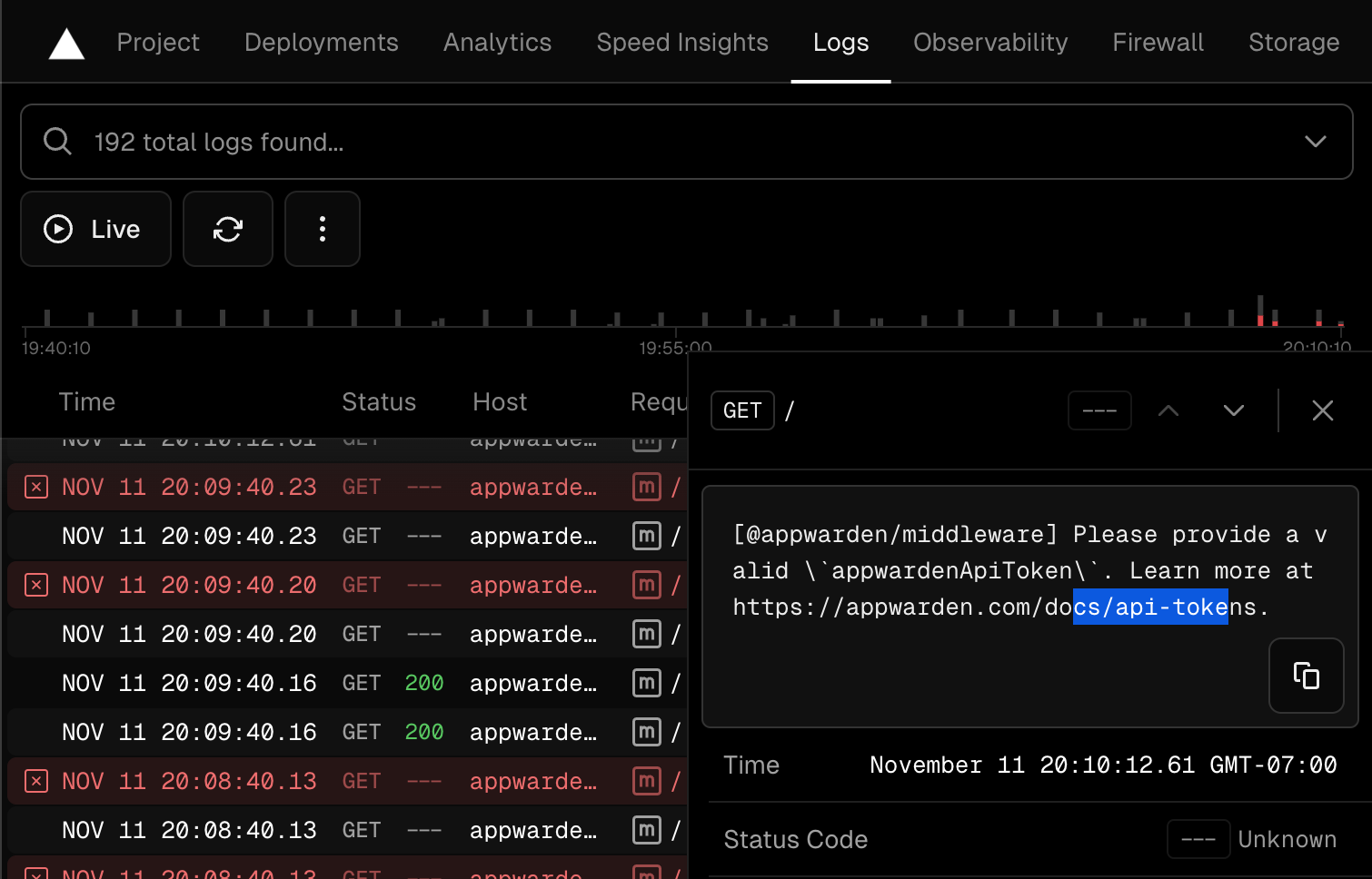 Inspect your logs to identify and resolve any errors from the Appwarden middleware