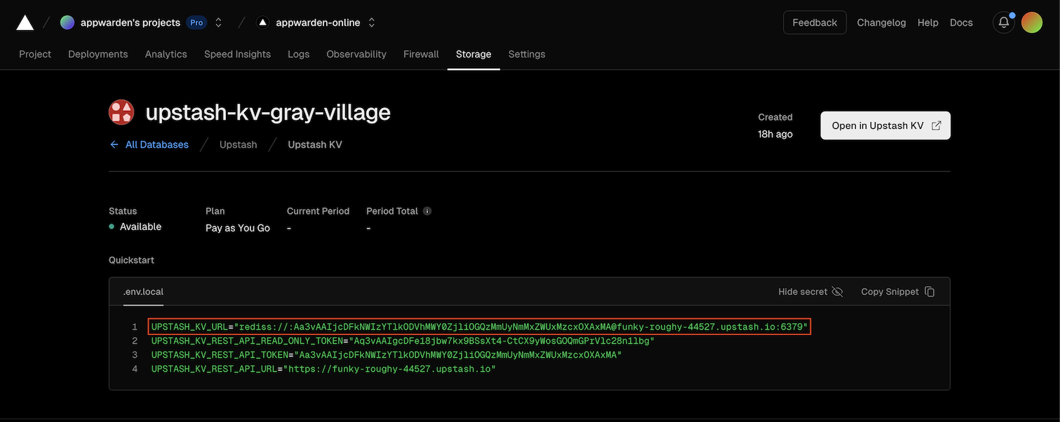 Set the `KV_URL` value from the Vercel Upstash KV dashboard as your `cacheUrl`